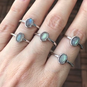 Labradorite Small Stack Ring- Oval Smooth Labradorite Dainty Ring- Boho Iridescent Layering Ring- Sterling Silver Bezel Teen Child Ring