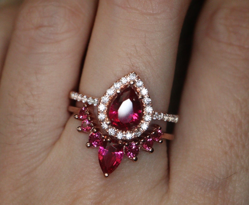 Teardrop Red Ruby 14k Gold Bridal Rings 14k White Gold Pear - Etsy