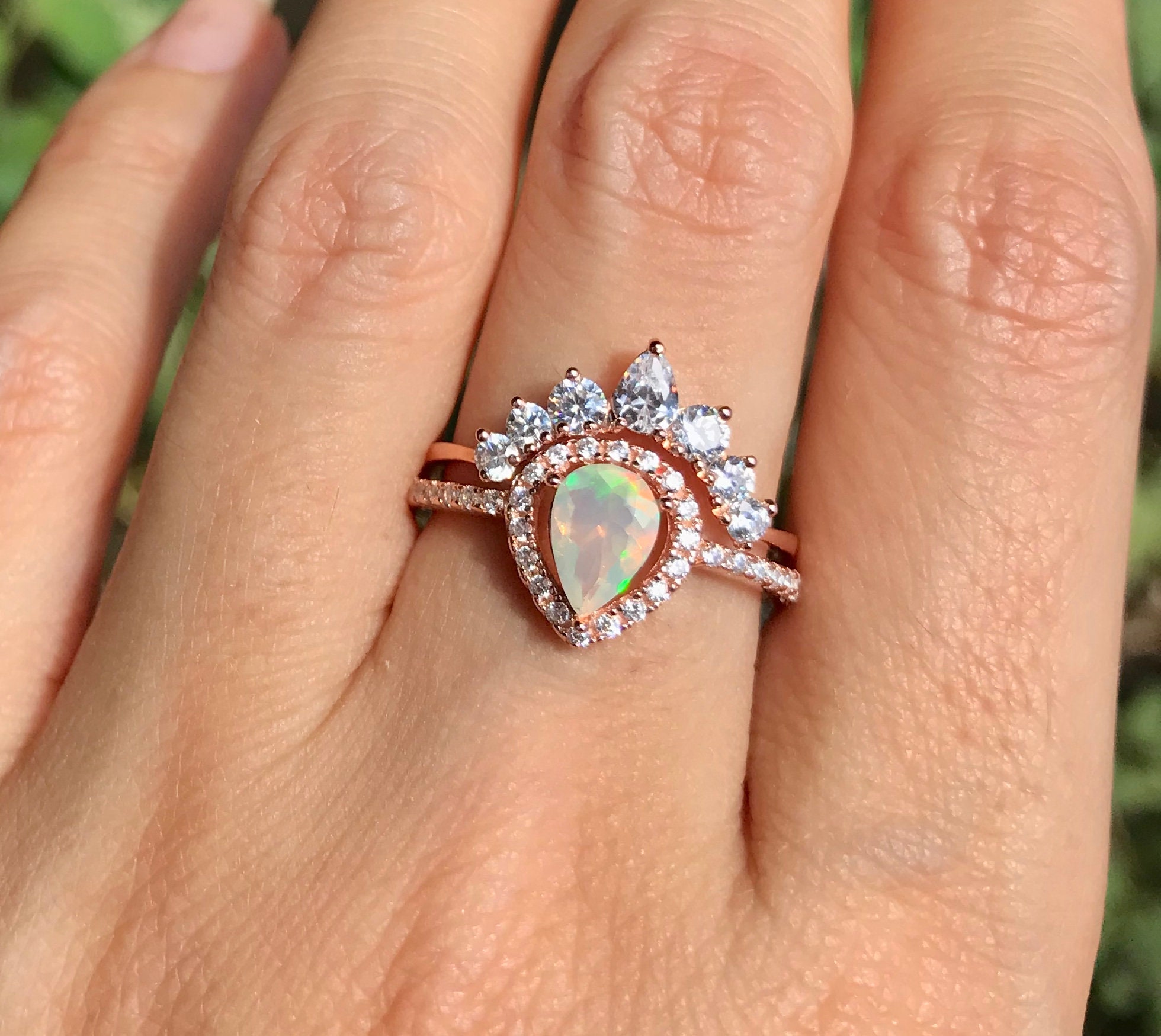 Teardrop Genuine Opal Engagement Vintage Ring Set- Natural Opal Halo ...