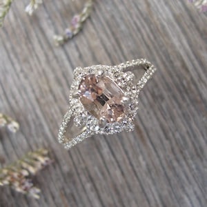 Natural Oval Morganite Vintage Engagement Ring- Genuine Morganite Split Silver Promise Ring- Antique Morganite w/White Topaz Solitaire Ring
