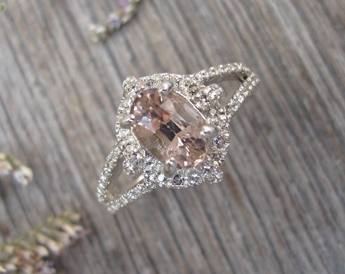 Natural Oval Morganite Vintage Engagement Ring- Genuine Morganite Split Silver Promise Ring- Antique Morganite w/White Topaz Solitaire Ring