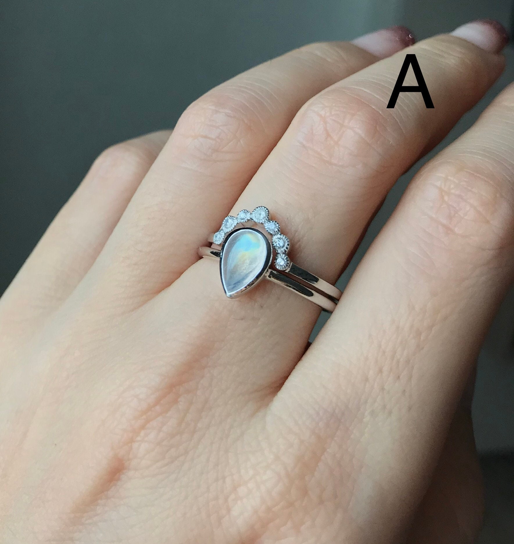 Moonstone Engagement Ring Set Vintage Teardrop Moonstone Bridal Ring