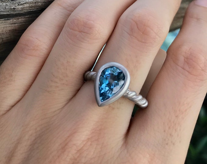 Swiss Blue Topaz Solitaire Twist Ring- Teardrop Pear Blue Topaz Engagement Ring- December Birthstone Ring- Something Blue Rope Silver Ring