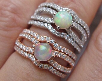 Round Opal Bridal 3 Ring Set- Cabochon Opal Welo Engagement Ring Set- Split Shank Genuine Opal Prong Rings- Rose Gold Silver Fire Opal Ring
