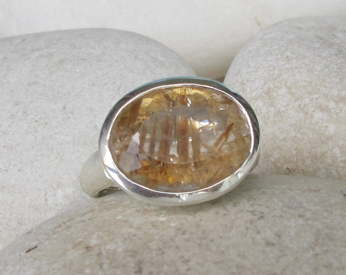 Oval Bold Statement Ring- Gold Rutile Quartz Ring- Rutilated Quartz Ring- Unique Gemstone Ring- Solitaire OOAK Ring- Jewelry Gifts for Her