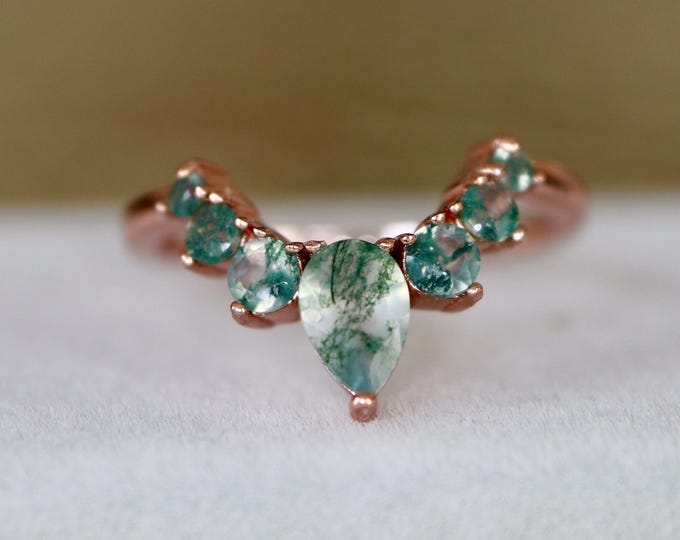 Genuine Moss Agate Chevron Band- Green Gemstone Wedding Rose Gold Band- Natural Agate Contour Half Semi Circle Silver Band