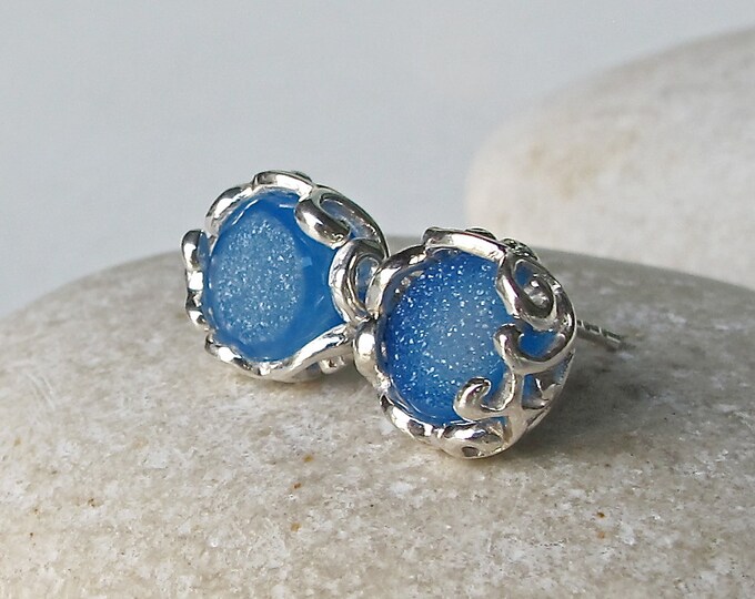 Something Blue Round Druzy Stud Earring- Druzy Filigree Earring- Blue Druzy Earring- Blue Gemstone Earring- December Birthstone Earring