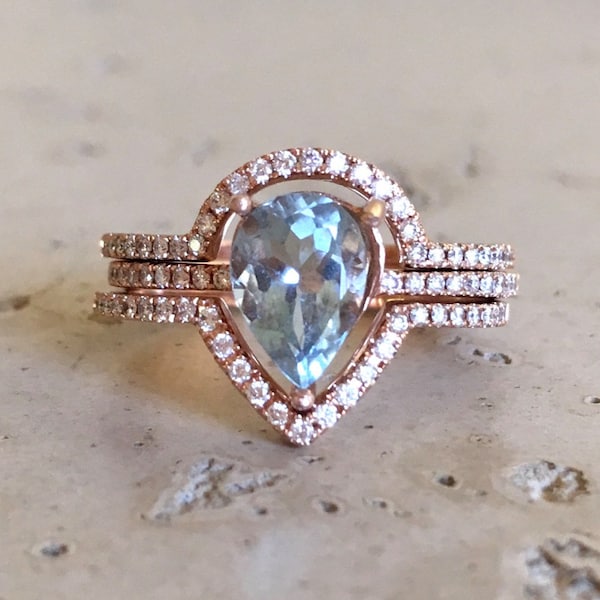 Pear Genuine Aquamarine Engagement 3 Ring Set- Natural Teardrop Light Blue Aqua with Diamond Wedding Band-Large 9x7mm March Birthstone Rings