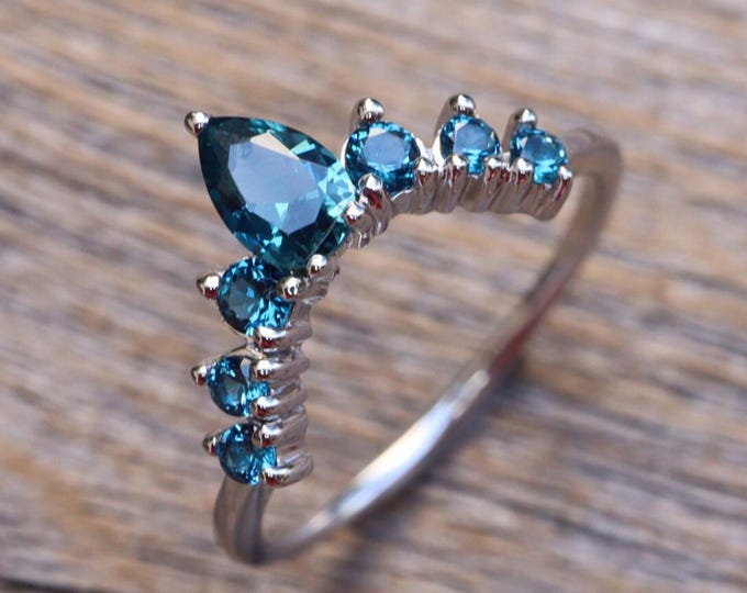 Dark Blue Topaz 10k 14k 18k Real Solid Gold Wedding Band- London Blue Topaz Rose Gold Band- Deep Vivid Blue Chevron Band- Half Circle V Band