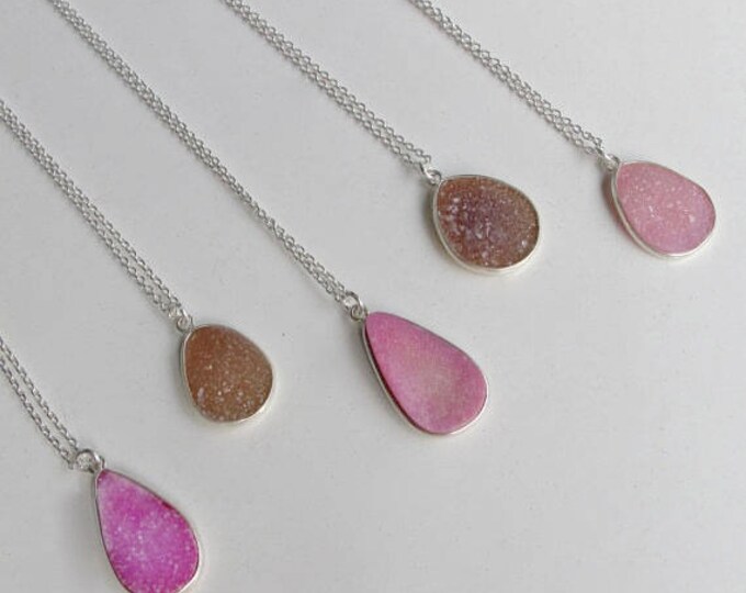 Teardrop Dark Pink Druzy Silver Necklace- Pear Shape Light Pink Druzy Necklace- Brown Druzy Necklace for Her- Jewelry Gifts for Her