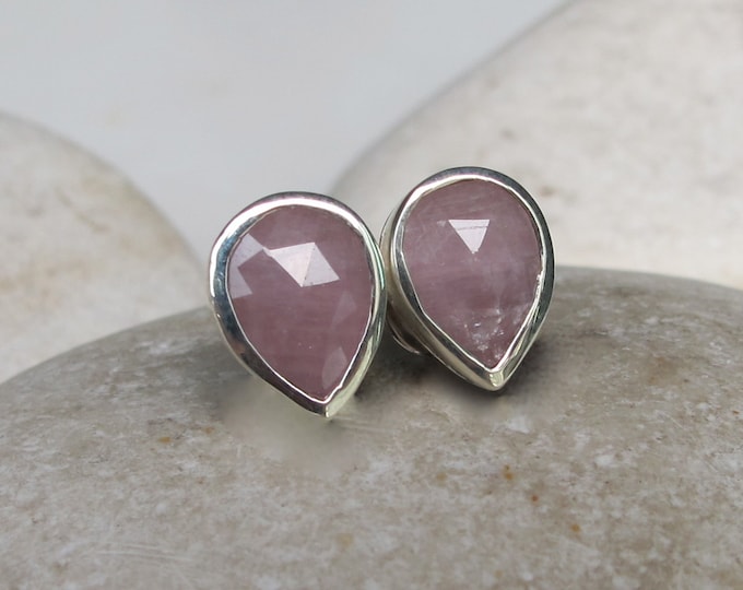 Pink Sapphire Raw Stud Earring- Rough Faceted Sapphire Pear-Shaped Earring- Classic Simple Minimal Earring- September Birthstone Raw Earring