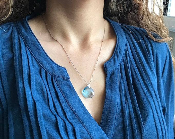 Blue Swarovski Round Sterling Silver Necklace- Simple Circle Large Light Sky Blue Crystal Necklace- December Birthstone Necklace for her