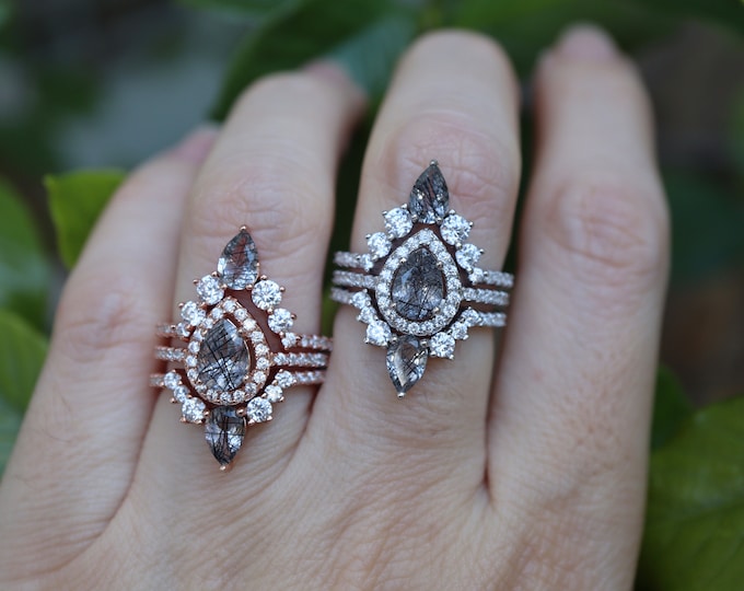 Teardrop Genuine Black Rutile Bridal Solid 18k Ring Set- Pear Halo Black Tourmalated Quartz Engagement 14k Rings-Gothic Black Gemstone Rings