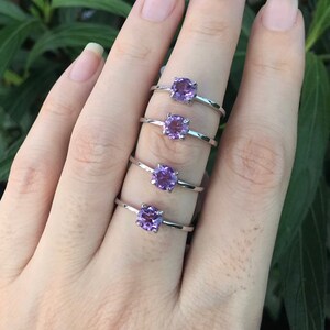 Genuine Amethyst Round Dainty Stackable Ring Purple Amethyst 4 Prong Silver Ring Purple Gemstone Ring February Birthstone Ring image 9