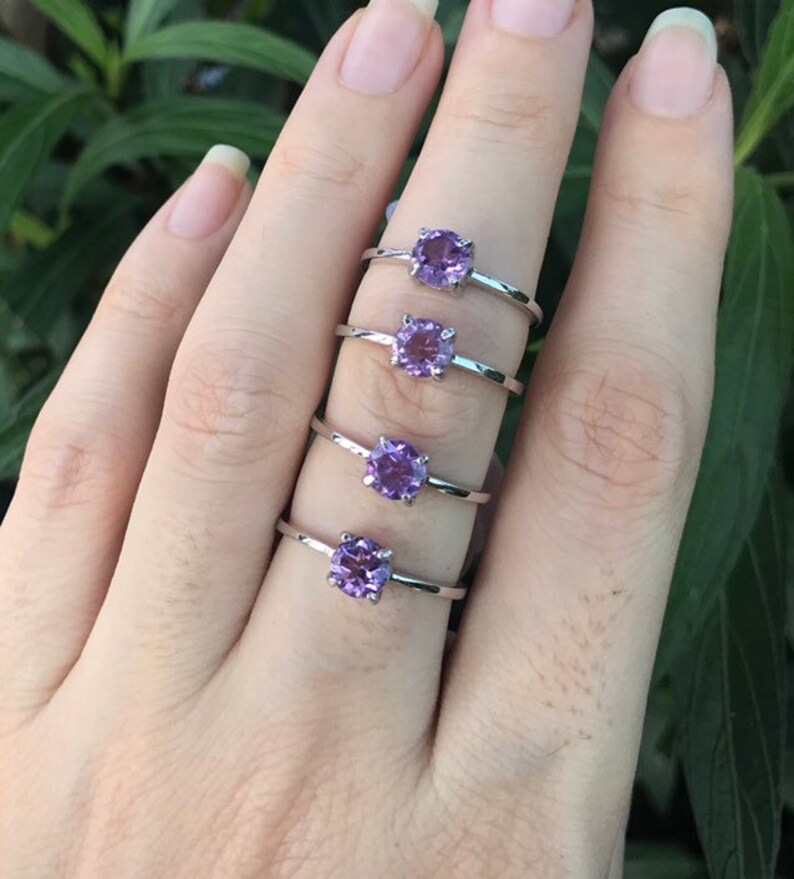 Genuine Amethyst Round Dainty Stackable Ring Purple Amethyst 4 Prong Silver Ring Purple Gemstone Ring February Birthstone Ring image 9