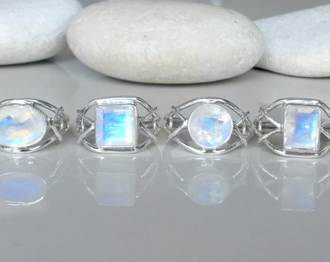 Moonstone Ring Asymmetrrical Boho Statement Ring- June Birthstone Ring- Gypsy Moonstone Bezel Ring Sterling SIlver All Sizes 9 10