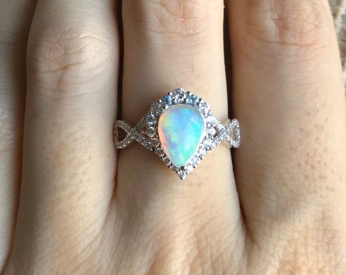 Genuine Pear Opal Infinity Shank Engagement Ring- Natural Teardrop Large Opal Halo Anniversary Ring-Real Solid 14k 18k Gold Solitaire Ring