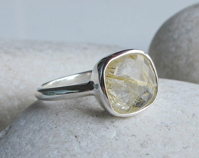 Natural Rutilated Quartz Stacking Ring- Square Gold Genuine Rutile Ring-Simple Gemstone Stackable Ring-Sterling Silver Bezel Minimalist Ring