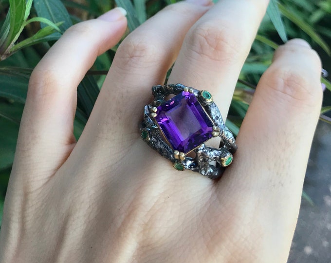 Nature Inspired Rustic Amethyst Statement Ring- Black Multiple Branch Gothic Gemstone Ring- Unique February Birthstone Ring- Unisex Men Ring