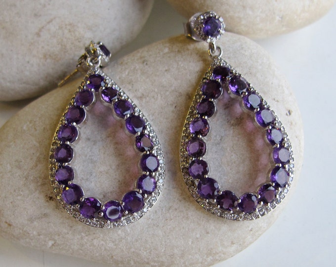 Purple Amethyst Cluster Earring- Boho Beaded Hoop Earring- Purple Dangle Earring- February Birthstone Earring- Silver Large Hoop Earring