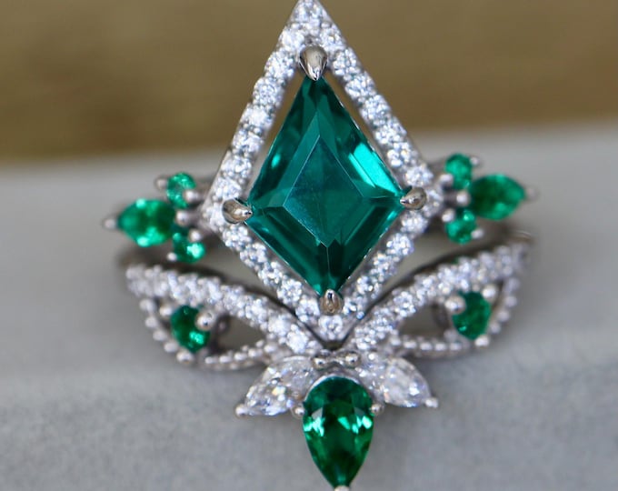 Kite Green Emerald Halo Engagement Sterling Silver Rings- Marquise Green Gemstone Wedding 2 Ring Set- May Birthstone Anniversary Rings