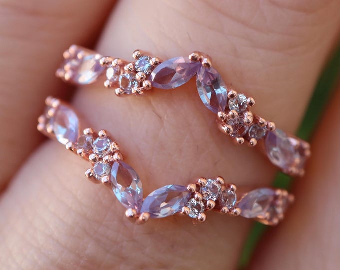 Marquise Alexandrite Curve Enhancer Vintage Wedding Sterling Silver Band- Light Purple Pink Rose Gold Deco Band- Soldered Dual Shank Band