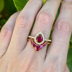 Teardrop Red Ruby 14k Gold Bridal Rings 14k White Gold Pear Red Halo ...