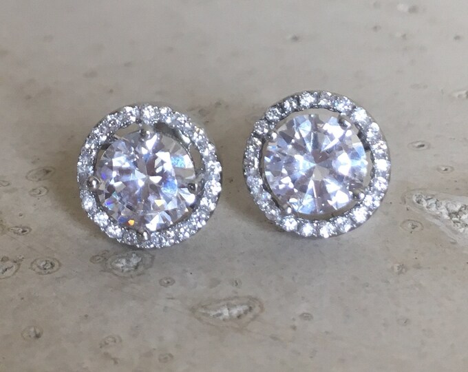 Round Bridal Stud- Cubic Zirconia Halo Earring- Sterling Silver Earring- Classic Round Stud- Wedding Earring- Halo Stud Earring