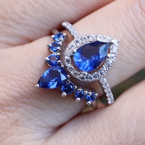 Teardrop Blue Sapphire Engagement Silver Ring Set- Pear Halo Dark Blue Bridal 2 Rose Rings- Deep Royal Blue Ring Set