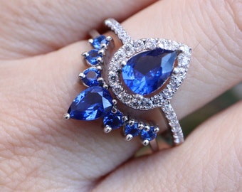 Teardrop Blue Sapphire Engagement Silver Ring Set- Pear Halo Dark Blue Bridal 2 Rose Rings- Deep Royal Blue Ring Set