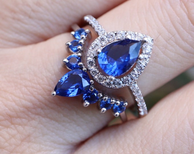 Teardrop Blue Sapphire Engagement Silver Ring Set- Pear Halo Dark Blue Bridal 2 Rose Rings- Deep Royal Blue Ring Set