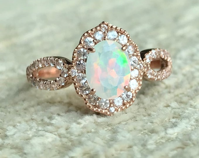 1.50ct Genuine Opal Halo Vintage Ring- Natural Oval Opal Scallop Twist Split Ring- Opal White Sapphire Promise Ring, October Birthstone Ring