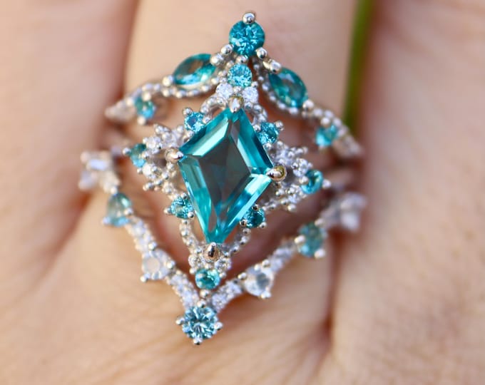 Kite Blue Topaz Halo Lace Engagement Sterling Silver Vintage 3 Rings