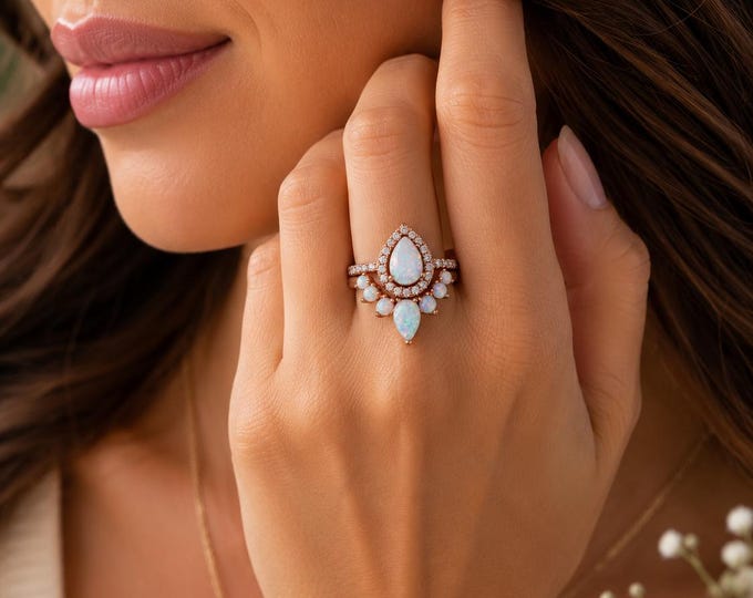 Halo Teardrop Rainbow Opal Engagement Sterling Silver 2 Ring Set