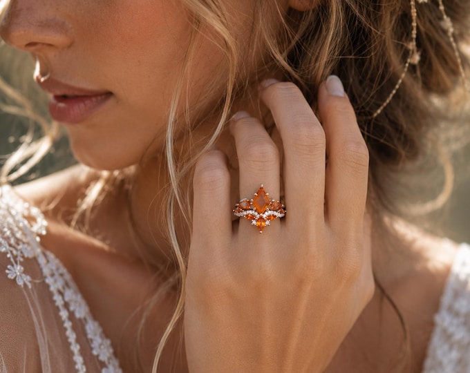 Kite Orange Citrine Engagement Sterling Silver 2 Ring Set