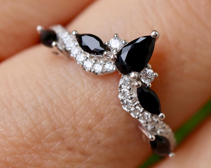 Black Onyx Deco 14k White Gold Wedding Band- Marquise Pear 18k Rose Gold Antique Band- Enhancer Guard 10k Yellow Gold Vintage Band