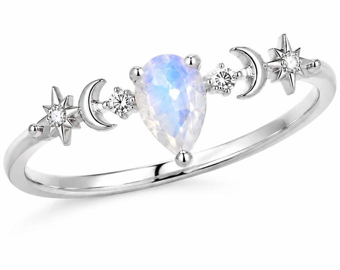 Dainty Celestial Teardrop Moonstone Star Moon Ring