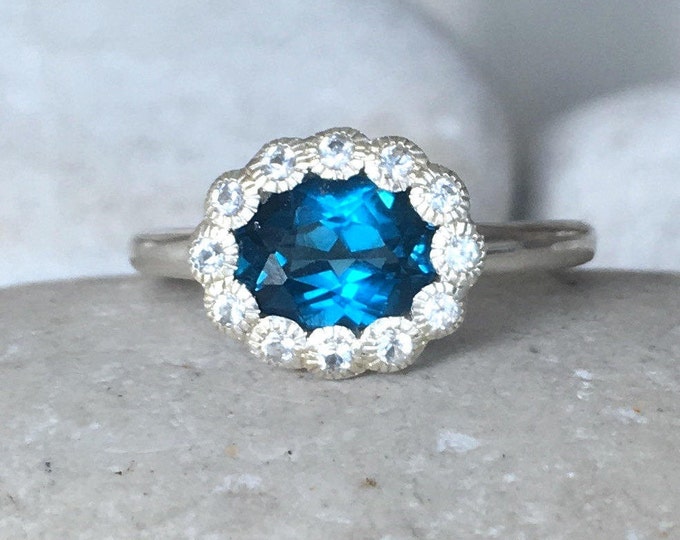 London Blue Topaz Ring Oval Halo Promise Ring Dark Blue Topaz Ring- December Birthstone Ring