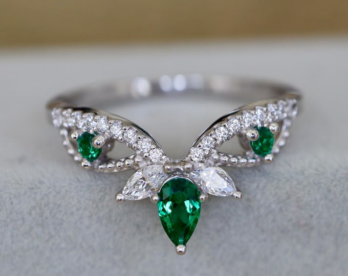 Green Emerald Sterling Silver Wedding Vintage Milgrain Band- Deco Dark Green Emerald Antique Band- Pear Marquise Round Enhancer Guard Band
