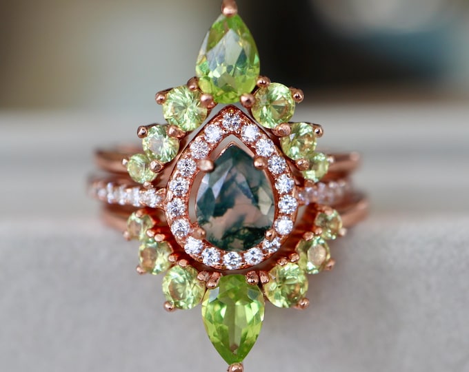 Teardrop Moss Agate Halo Ring Set- Pear Natural Moss Agate Engagement Ring- Genuine Green Gemstone Promise Ring with 2 Peridot Wedding Band