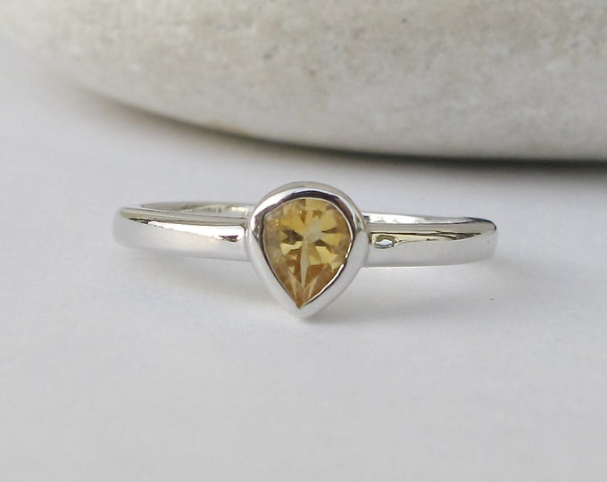 Citrine Stackable Tiny Ring- Teardrop Natural Citrine Silver Teen Child Ring- November Birthstone Ring- Small Yellow Stone Dainty Ring