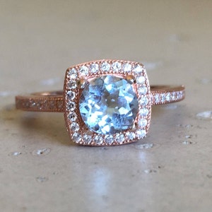 Rose Gold Aquamarine Ring- Halo Aquamarine Engagement Ring- Blue Gemstone Promise Ring- March Birthstone Ring- Round Aqua Ring