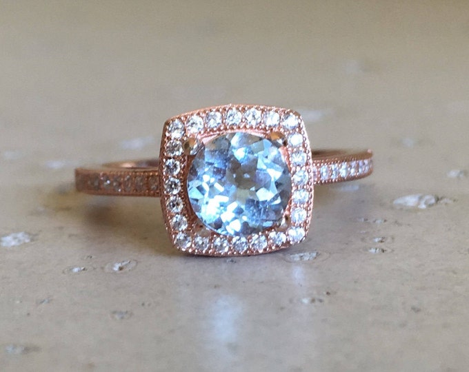 Rose Gold Aquamarine Ring- Halo Aquamarine Engagement Ring- Blue Gemstone Promise Ring- March Birthstone Ring- Round Aqua Ring