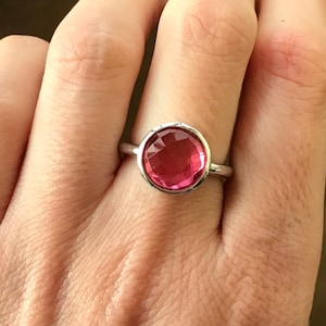 Round Pink Quartz Ring- Simple Pink Topaz Ring- Stacking Pink Gemstone Ring- Sterling SIlver Pink Ring- Jewelry Gifts for Her