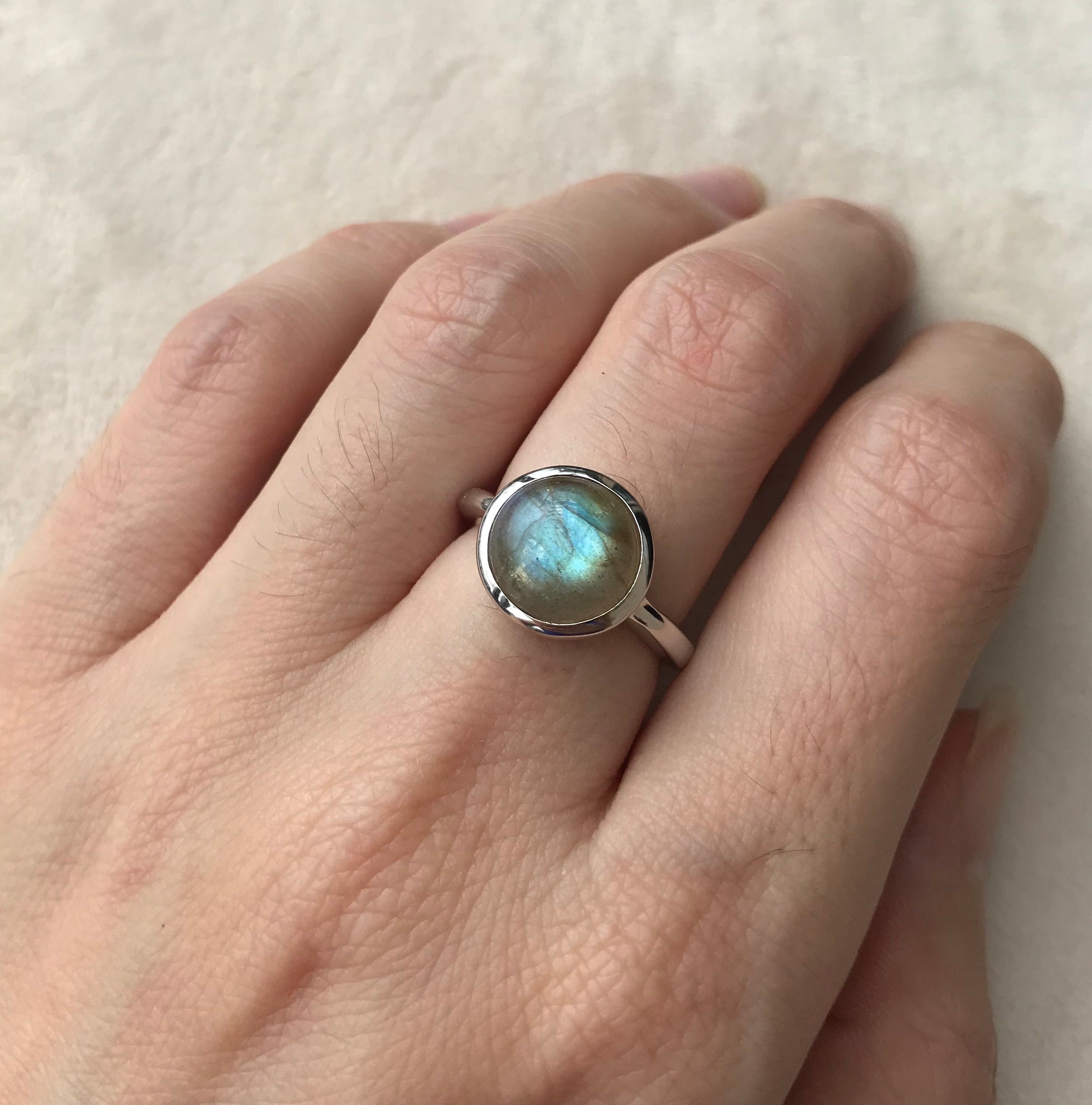 Smooth Round Genuine Labradorite Ring- Stack Boho Iridecent Ring ...