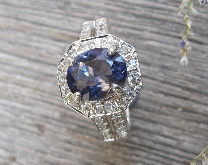 Genuine Iolite Oval Silver Engagement Ring- Natural Iolite Halo White Topaz Promise Ring- Bluish Purple Gemstone Solitaire Split Ring