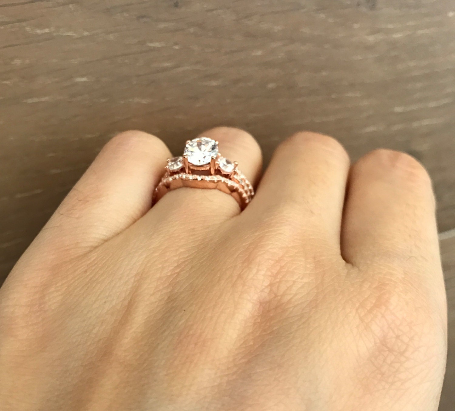 Rose Gold Bridal Set Ring Three Stone Engagement Ring Set