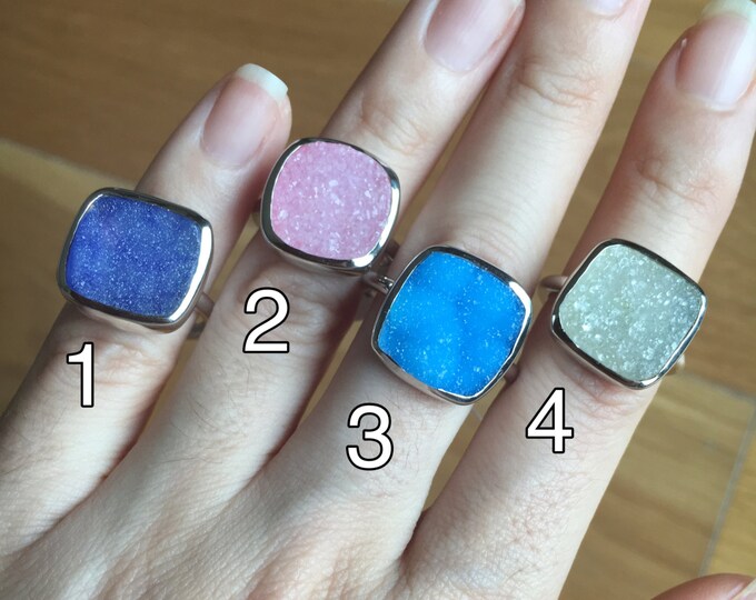 Genuine Natural Druzy Sterling Silver Statement Ring- Geometric Round Square Handmade Ring- Gifts for Teacher Her Bridesmaid Girlfriend Wife