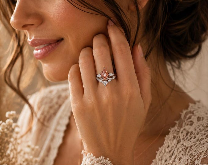 Genuine Sunstone Kite Shape Sterling Silver Ring with Contour Moissanite Band