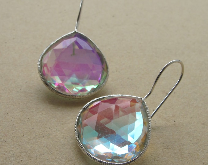 Mystic Topaz Dangle Teardrop Earring- Rainbow Iridescent Drop Earring- Festive Boho Earring- Pear Shape Gypsy Earring- Bright Vivid Earring